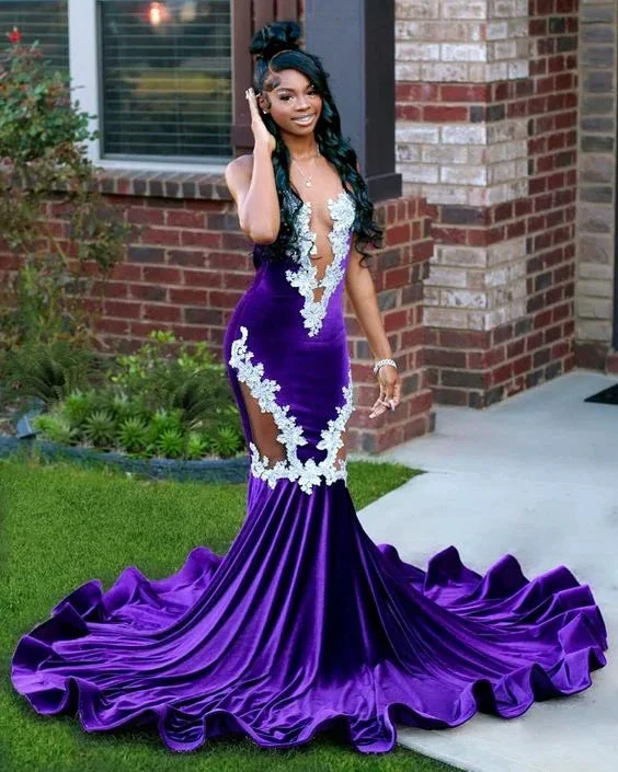 New Purple Mermaid Evening Dress With Lace Elegant Fishtail Black Girls Prom Dress Plus Size Formal Occasion Party Gowns Y6581 by simplepromdress
