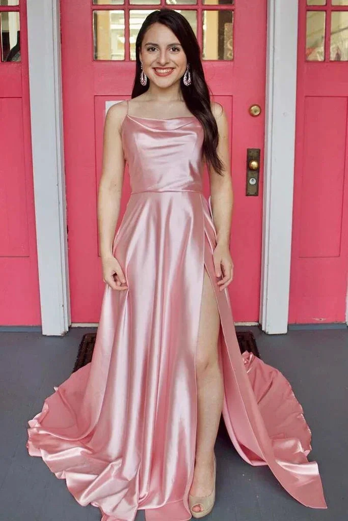 Simple Pink Satin Long Prom Dress with High Slit, Long Pink Formal Graduation Evening Dress Y212 by simplepromdress
