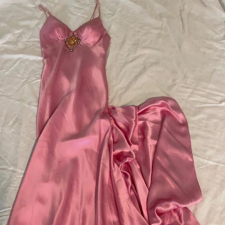 Gorgeous Pink Spaghetti Straps Satin Beaded Evening Dress Long Prom Dress Y8216 by simplepromdress