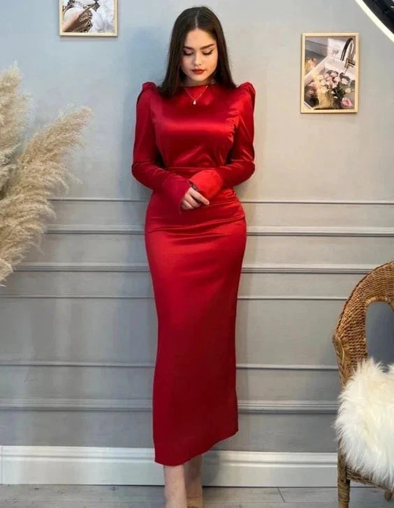 Modest Red Long Sleeves Evening Dress Simple Red Prom Dress Y6564 by simplepromdress