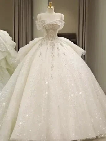 Off Shoulder Wedding Dresses, Large Trailing Princess Tail Dress, Backless White Wedding Dress Y6868 by simplepromdress