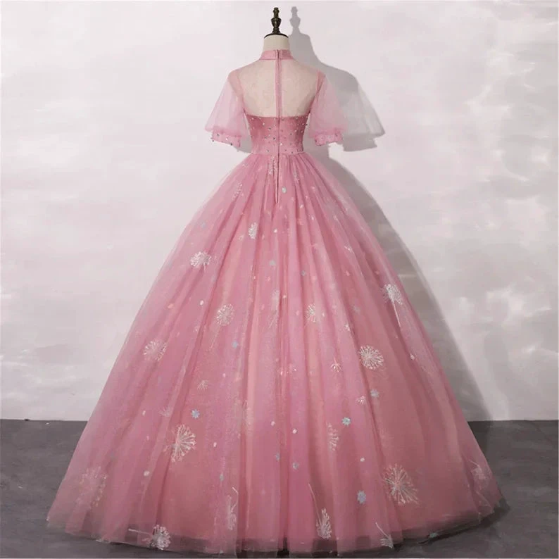 Blush Pink Quinceanera Dress Masquerade Dress A-Line Wedding Dress Floor Length High Neck Bridal Gown Short Sleeves Y2937 by simplepromdress