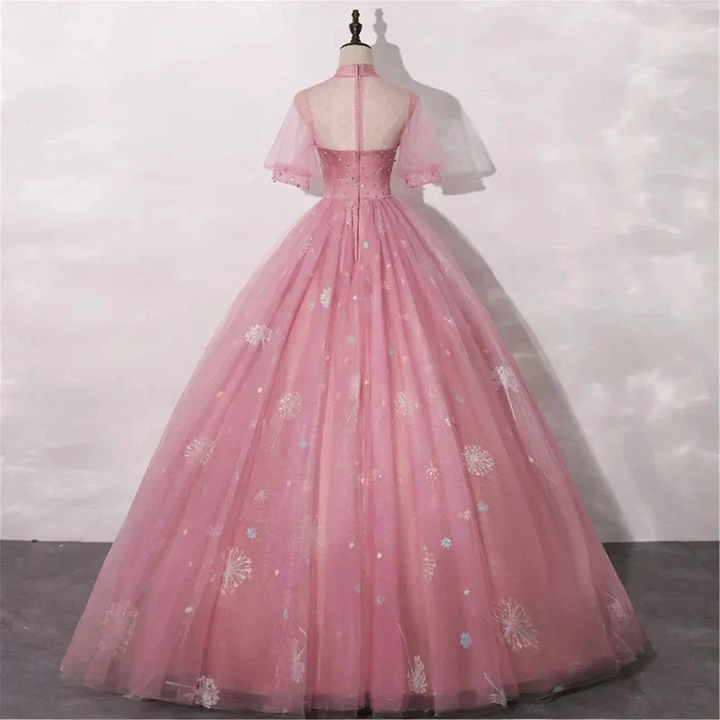 Blush Pink Quinceanera Dress Masquerade Dress A-Line Wedding Dress Floor Length High Neck Bridal Gown Short Sleeves Y2937 by simplepromdress