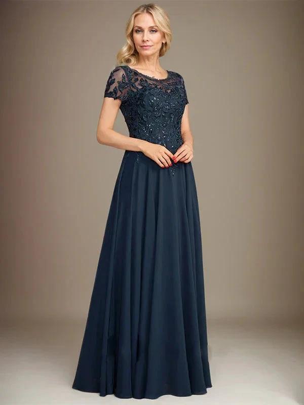 A-Line Scoop Floor-Length Chiffon Mother of the Bride Dress With Applique &amp; Sequins by Dreamylily