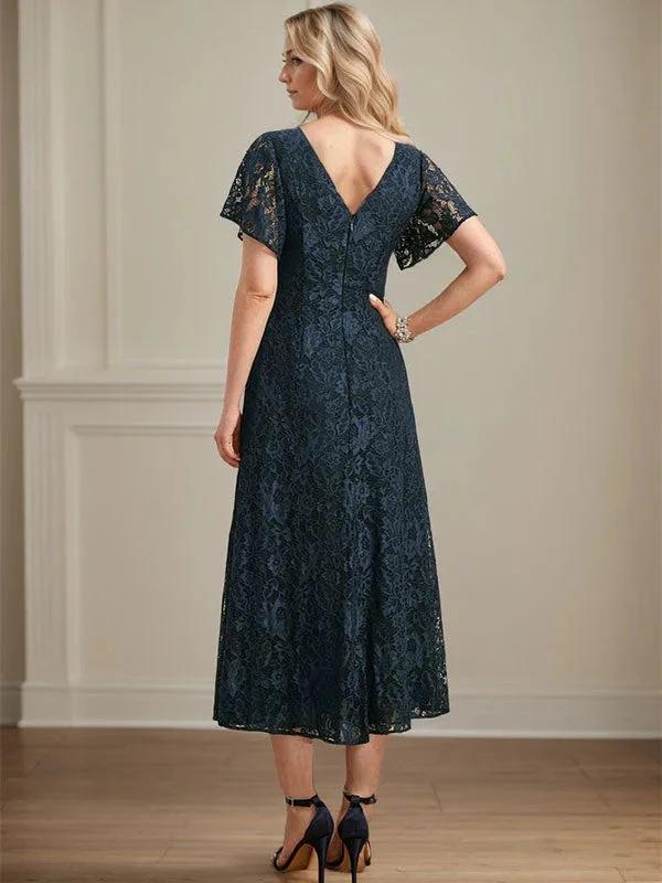 A-line V-Neck Tea-Length Lace Chiffon Mother of the Bride Dress by Dreamylily