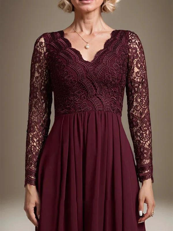 A-line V-Neck Asymmetrical Lace Chiffon Mother of the Bride Dress by Dreamylily