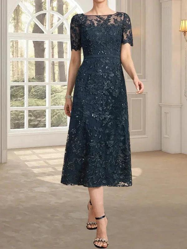 A-line Scoop Illusion Tea-Length Lace Mother of the Bride Dress With Sequins by Dreamylily