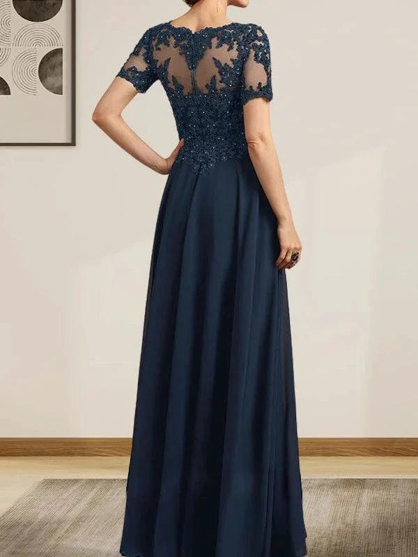 A-line Scoop Illusion Floor-Length Chiffon Lace Mother of the Bride Dress With Sequins Beading by Dreamylily