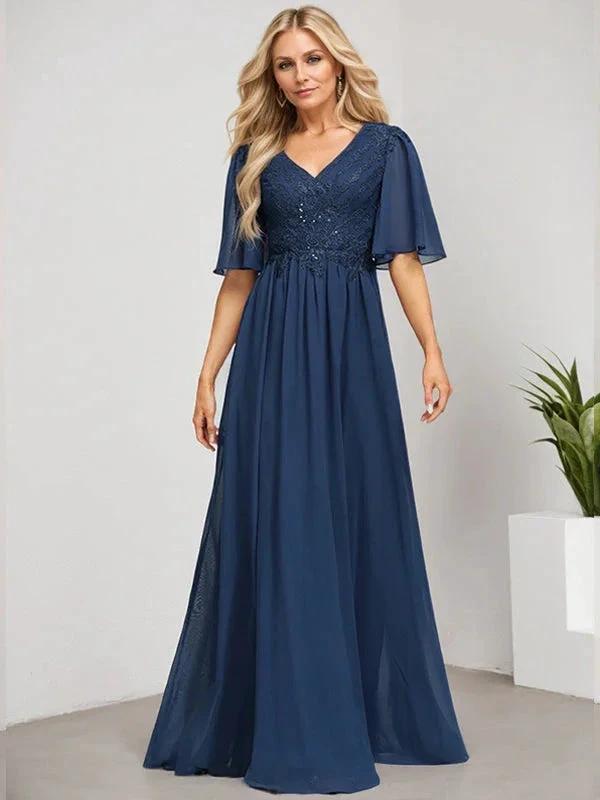 A-line V-Neck Floor-Length Lace Chiffon Mother of the Bride Dress With Sequins by Dreamylily