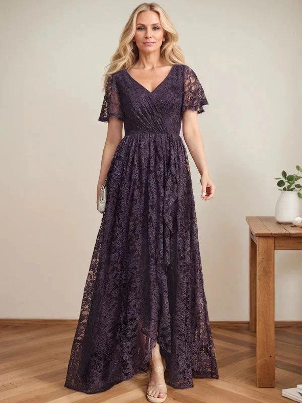 A-Line V-Neck Asymmetrical Lace Mother of the Bride Dress With Cascading Ruffles by Dreamylily