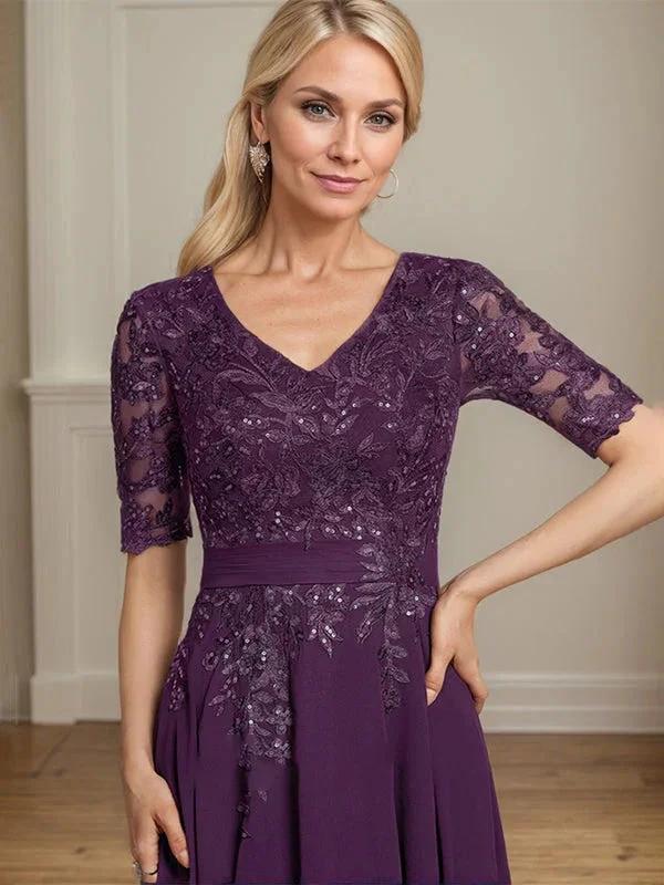 A-line V-Neck Tea-Length Lace Chiffon Mother of the Bride Dress With Sequins by Dreamylily