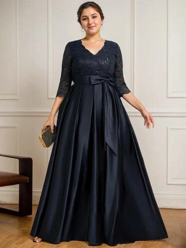 A-line V-Neck Floor-Length Satin Lace Mother of the Bride Dress With Sequins Bow by Dreamylily