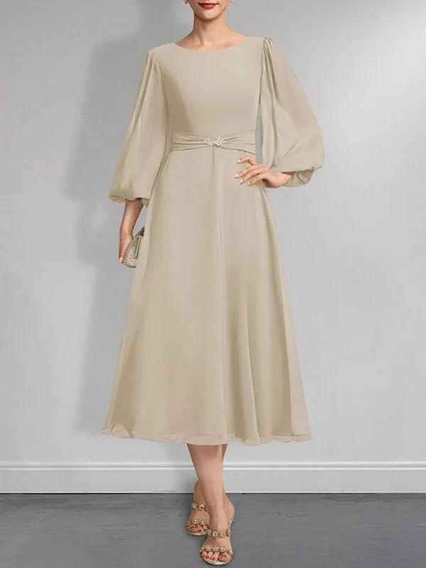 A-line Scoop Tea-Length Chiffon Mother of the Bride Dress With Crystal Brooch Pleated by Dreamylily