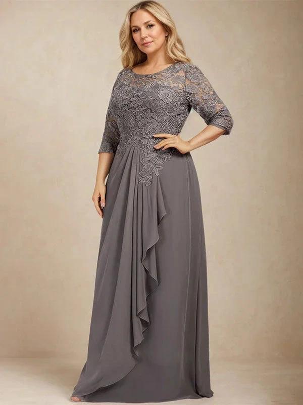A-line Scoop Illusion Floor-Length Lace Chiffon Mother of the Bride Dress With Cascading Ruffles by Dreamylily