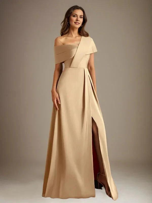 A-Line Asymmetrical Neckline Floor-Length Satin Mother of the Bride Dress With Pleated by Dreamylily