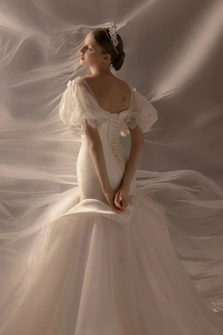Elegant Mermaid Square Neck Organza Puff Sleeve Satin Wedding Dress with Crystal Trim &amp; Lace-Up Back Q6019 by ZAPDRESS