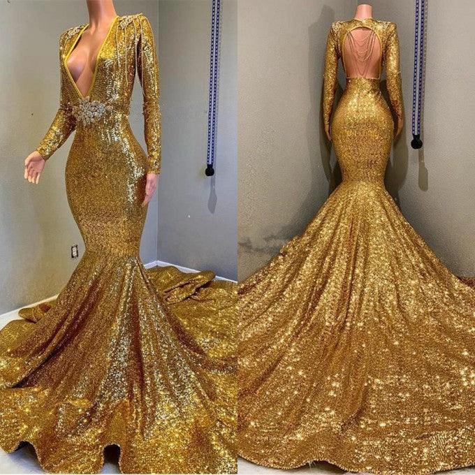 Gold Long Sequined V-Neck Bakless Mermaid Prom Dress With Sleeves by BIZTUNNEL