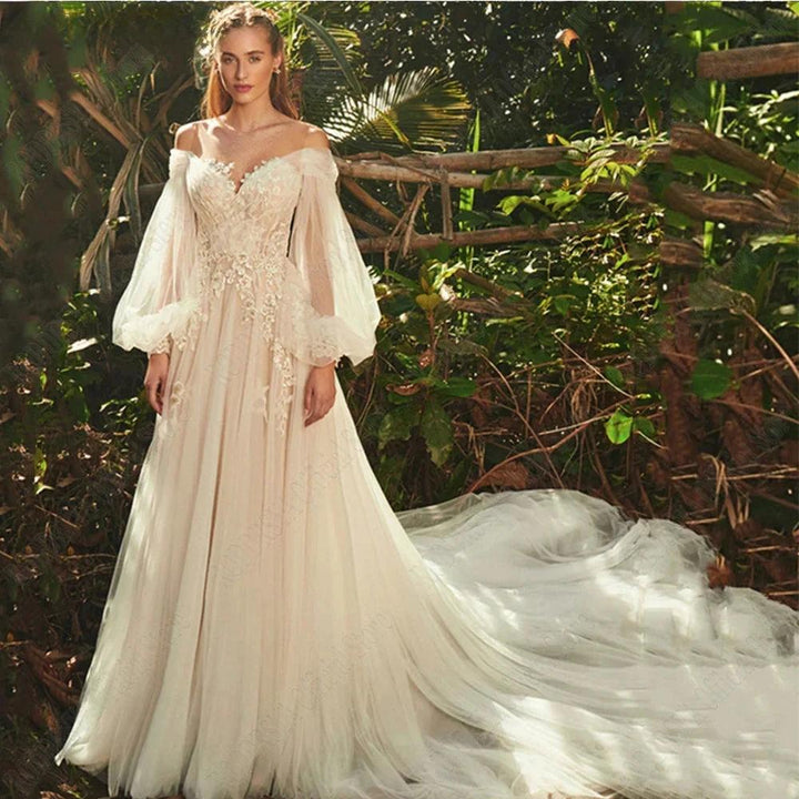 Light Champagne Wedding Dresses Pastrol Puff Long Sleeves 3D Flowers Bride Gowns A-Line Sexy Backless vestidos de novia by payinti