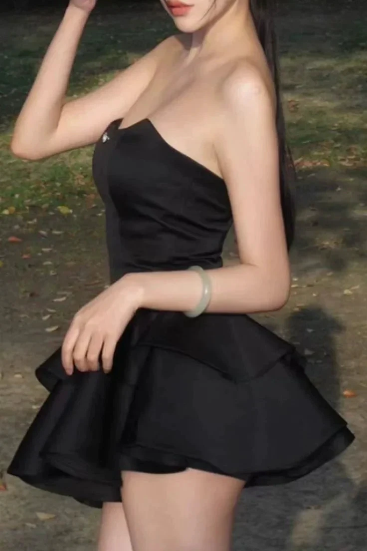 Chic Strapless Black Satin Short Prom Dress Layered Homecoming Dress Graduation Dress Y7622 by simplepromdress