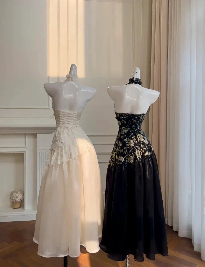 Robe de soirée longue noire élégante à col licou en satin imprimé floral avec sequins, coupe évasée, robe de bal Y8568