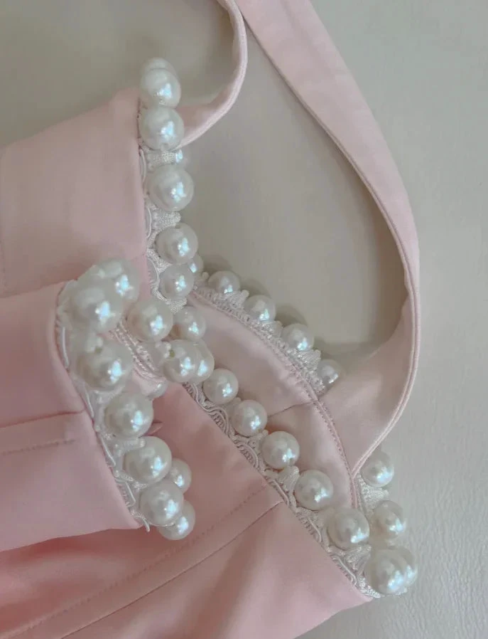 Simple Halter Pink Tulle Pearls Beaded High-Low Ruffles Homecoming Dress Party Dress Y8582 by simplepromdress
