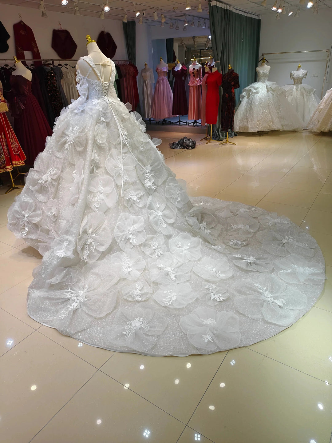 Ivory Petal Whisper Ballgown Organza Floral Bust &amp; Bloom Train by ZAPDRESS