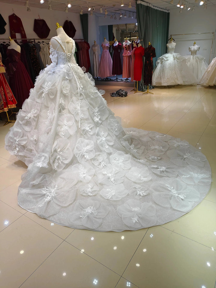 Ivory Petal Whisper Ballgown Organza Floral Bust &amp; Bloom Train by ZAPDRESS