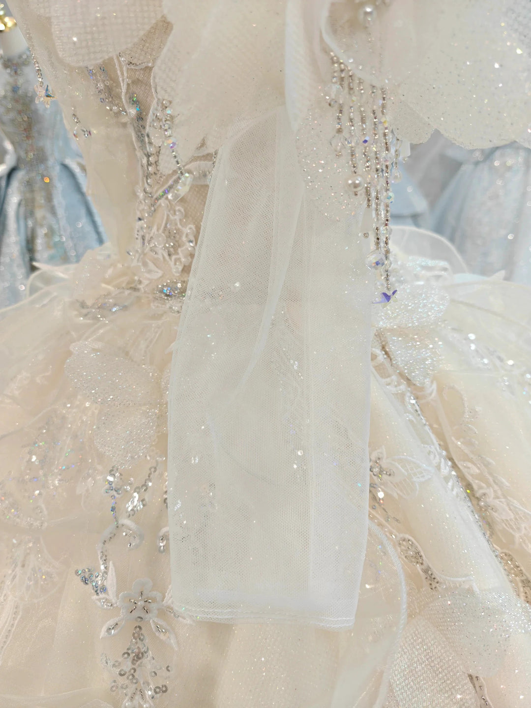 Cream Shimmer Off-Shoulder Ballgown Crystal-Embroidered Skirt &amp; Fringed Collar by ZAPDRESS