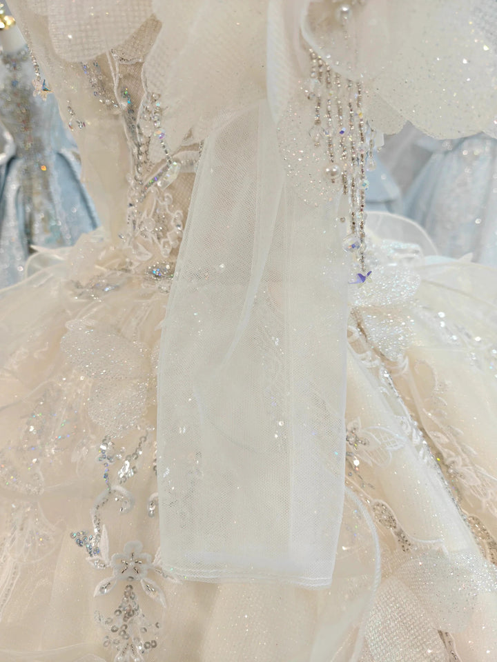 Cream Shimmer Off-Shoulder Ballgown Crystal-Embroidered Skirt &amp; Fringed Collar by ZAPDRESS