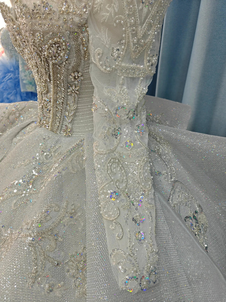 Gorgeous High-Neck Sequin Ball Gown Wedding Dress with Crystal Embroidery &amp; Sheer Long Sleeves Ye-2021 by ZAPDRESS