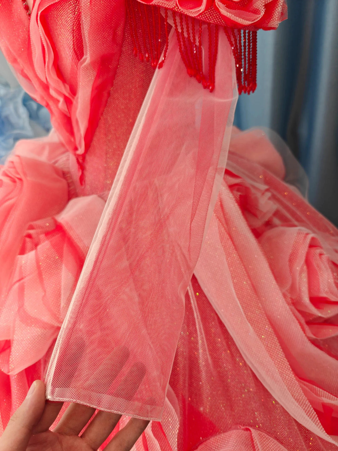 Vibrant Coral Red Off-the-Shoulder Ball Gown Wedding Dress with 3D Rose Appliqués &amp; Beaded Tassels Ye-2036 by ZAPDRESS