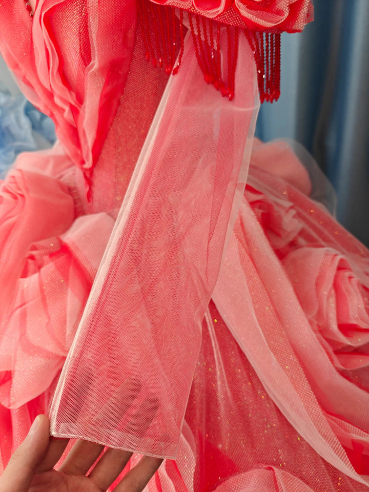 Vibrant Coral Red Off-the-Shoulder Ball Gown Wedding Dress with 3D Rose Appliqués &amp; Beaded Tassels Ye-2036 by ZAPDRESS