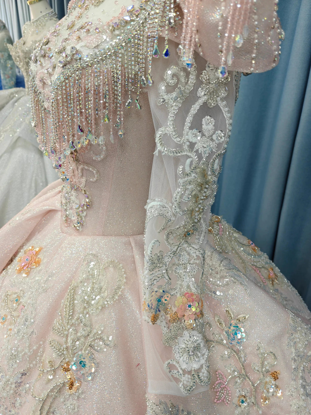 Lavish Blush Pink High-Neck Ball Gown Wedding Dress with Beaded Fringe &amp; 3D Floral Embroidery Ye-2026 by ZAPDRESS