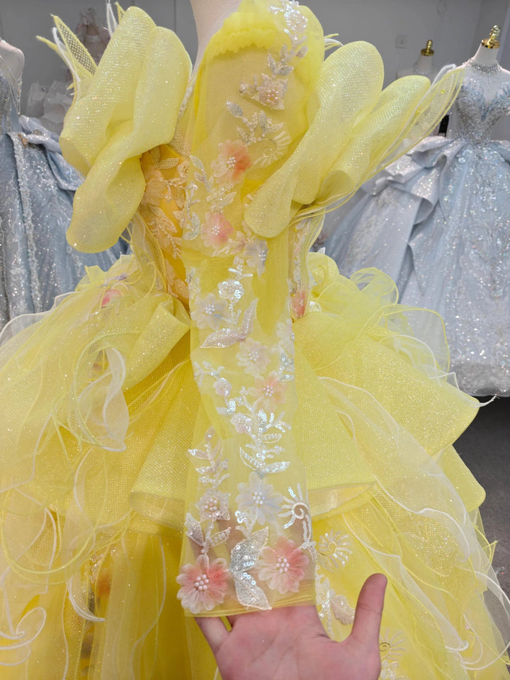 Vibrant Yellow High-Neck Ball Gown Wedding Dress with Ruffled Tulle, 3D Floral Embroidery &amp; Corset Back Ye-2031 by ZAPDRESS