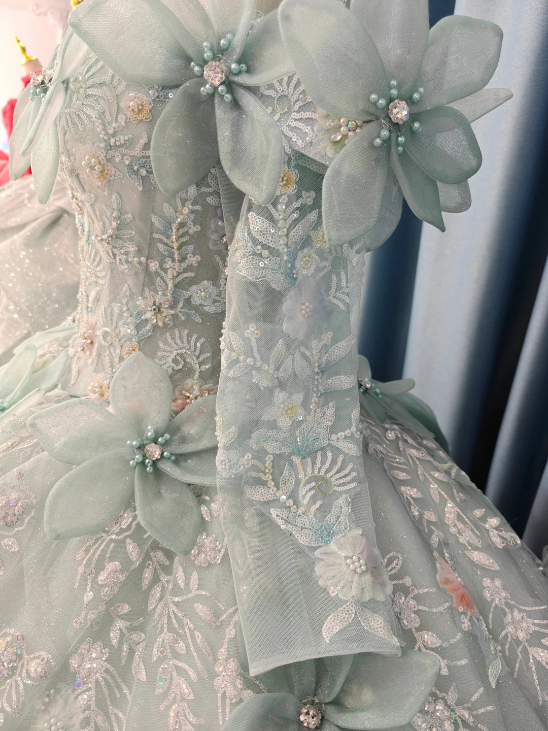 Fairy-Tale Mint Green High-Neck Ball Gown Wedding Dress with 3D Organza Flowers &amp; Crystal Embroidery Ye-2025 by ZAPDRESS