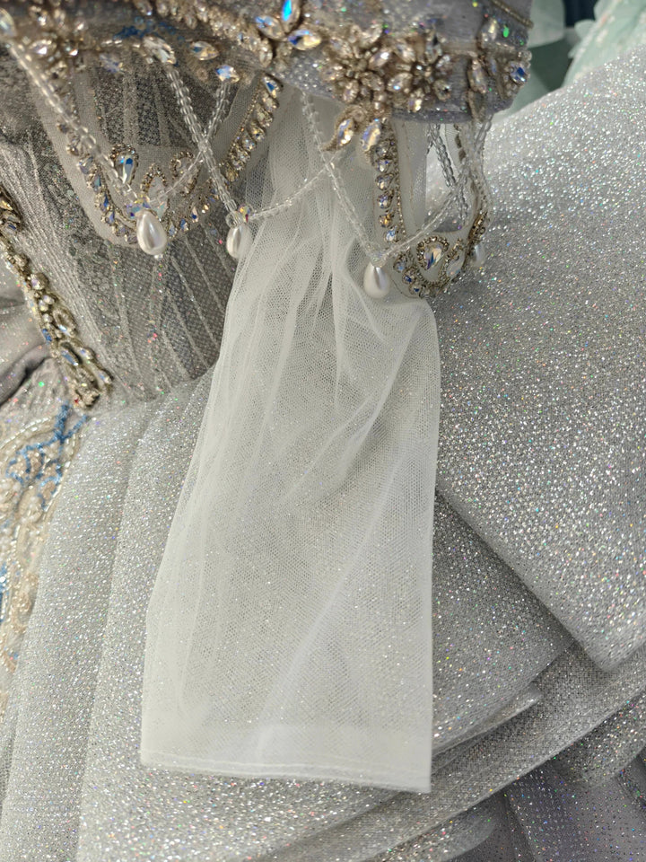 Regal Silver-Gray Off-the-Shoulder Ball Gown Wedding Dress with Crystal Collar, Beaded Embroidery &amp; Tulle Train Ye-2032 by ZAPDRESS