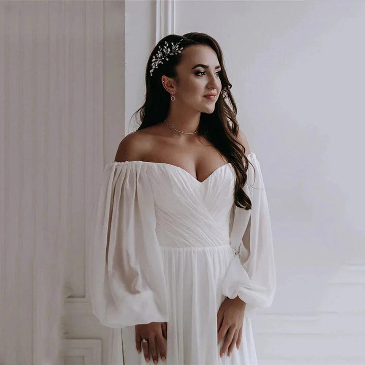 Off the Shoulder Chiffon Boho Wedding Dress 2022 V-Neck Long Lantern Sleeves A-Line Beach Bridal Gowns vestidos de novia by payinti