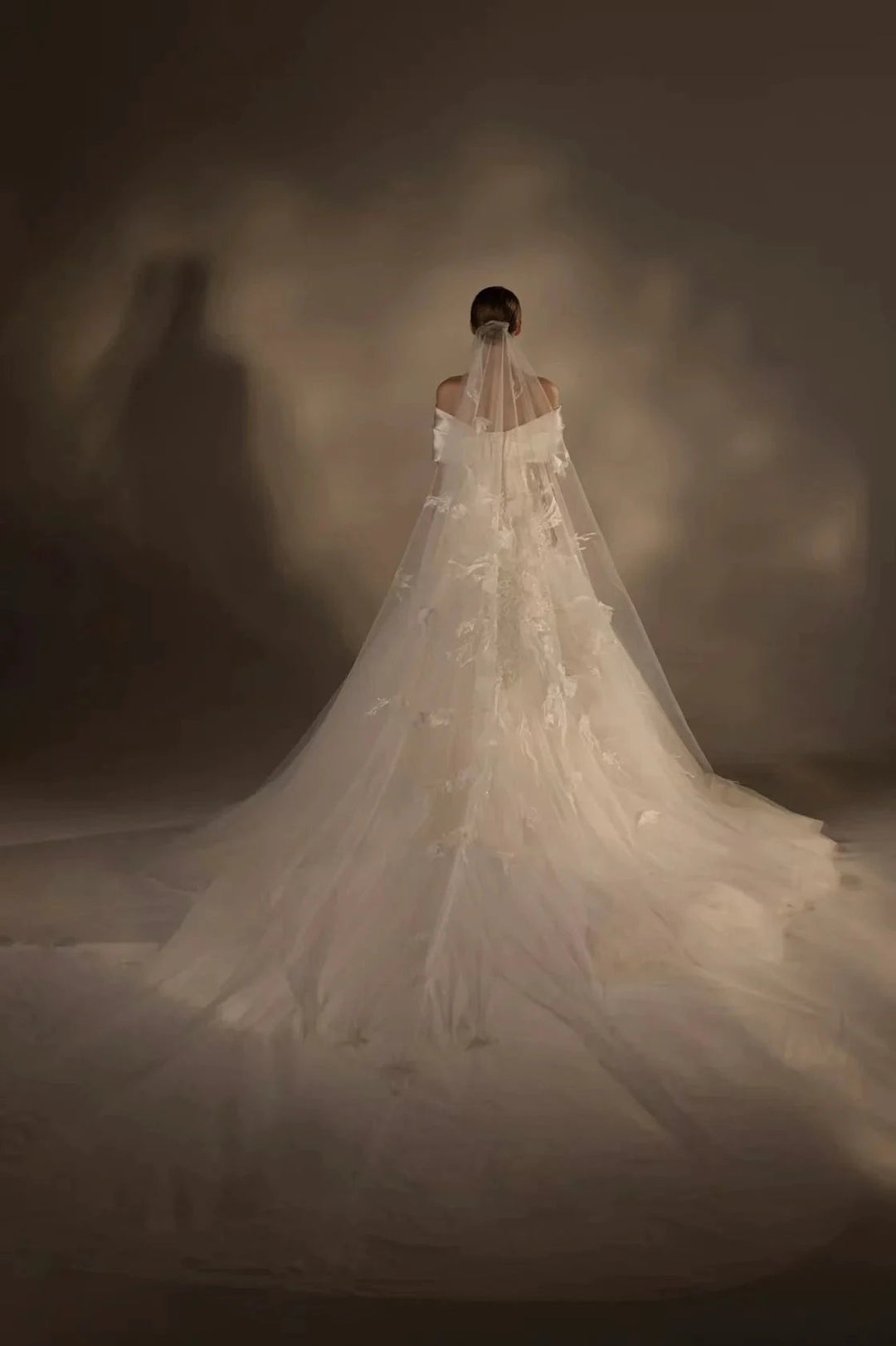 Gorgeous Long Ball Gown Off-the-Shoulder Satin &amp; Tulle Wedding Dress with 3D Embroidery &amp; Cathedral Train Q6013 by ZAPDRESS