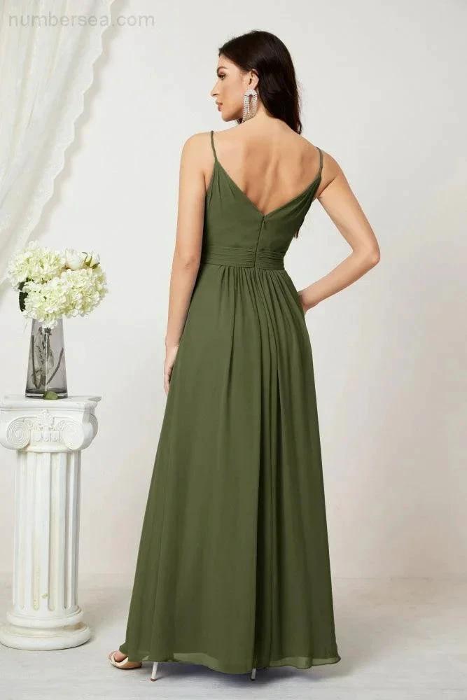 Numbersea Chiffon V-Neck Bridesmaid Dress Spaghetti Strap Long Formal Party Prom Gowns with Slit 28010 by numbersea