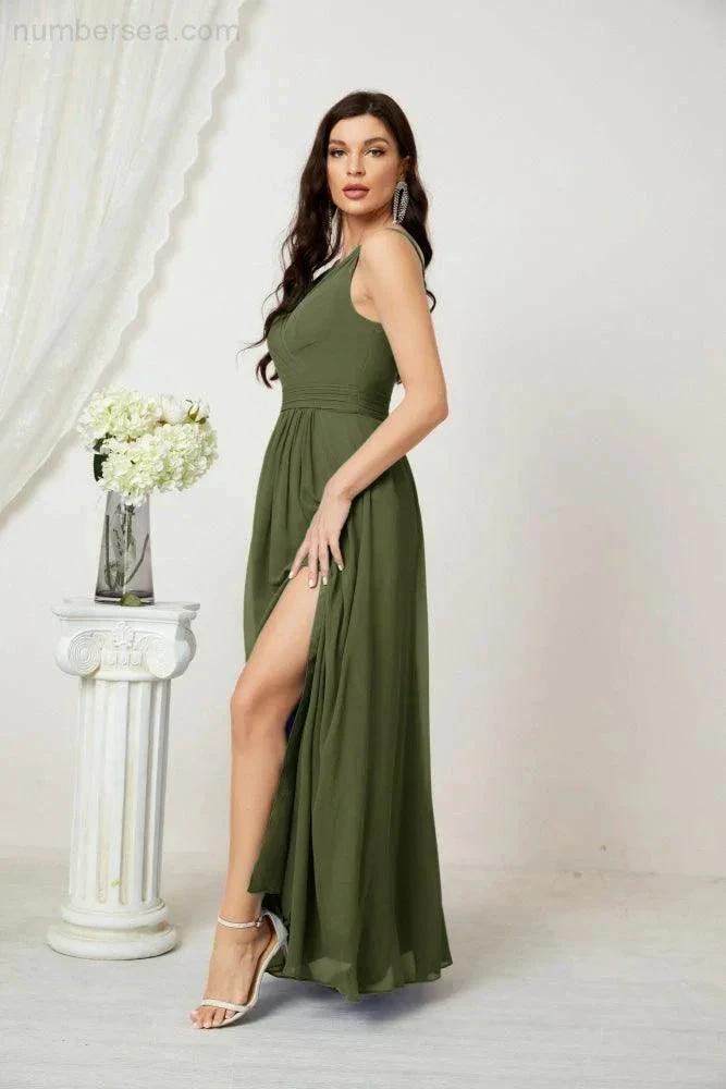 Numbersea Chiffon V-Neck Bridesmaid Dress Spaghetti Strap Long Formal Party Prom Gowns with Slit 28010 by numbersea