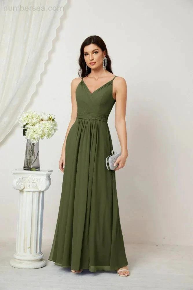 Numbersea Chiffon V-Neck Bridesmaid Dress Spaghetti Strap Long Formal Party Prom Gowns with Slit 28010 by numbersea