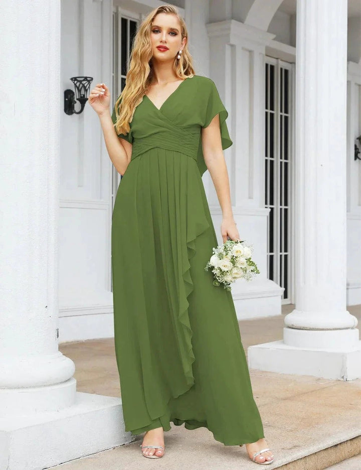 Numbersea Chiffon Bridesmaid Dresses Long Formal Evening Prom Mother of The Bride Dress with Flutter Sleeve SEA28040 by numbersea
