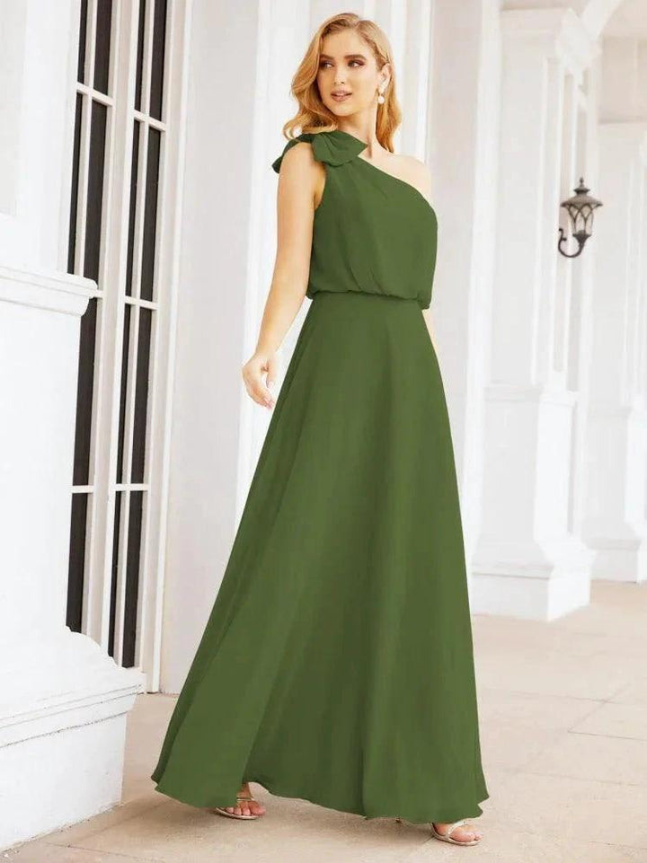 Numbersea Chiffon Ruffled One Shoulder Sleeveless Long Bride Dresses A-line Formal Evening Gown Side Split 28057 by numbersea