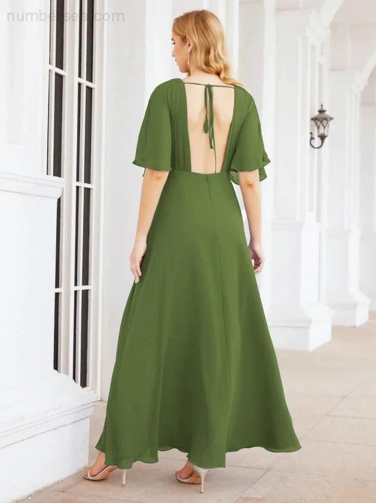 Numbersea V-Neck Bridesmaid Dress Chiffon Long Open Back Formal Dresses for Women Party Evening 28067 by numbersea
