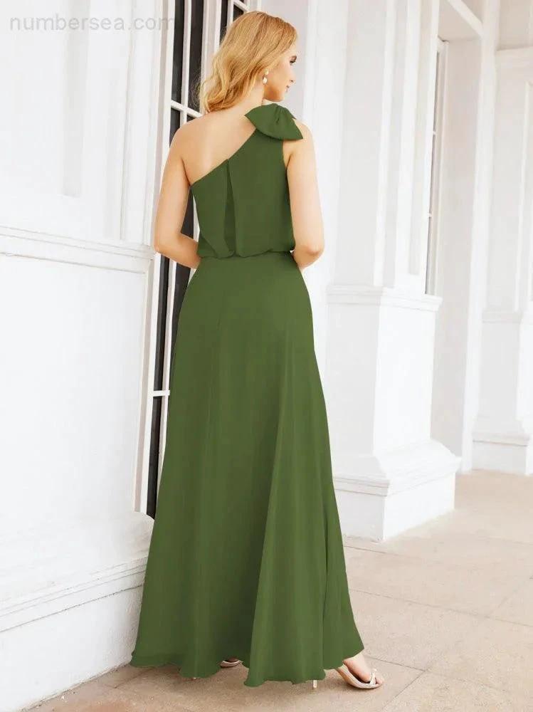 Numbersea Chiffon Ruffled One Shoulder Sleeveless Long Bride Dresses A-line Formal Evening Gown Side Split 28057 by numbersea