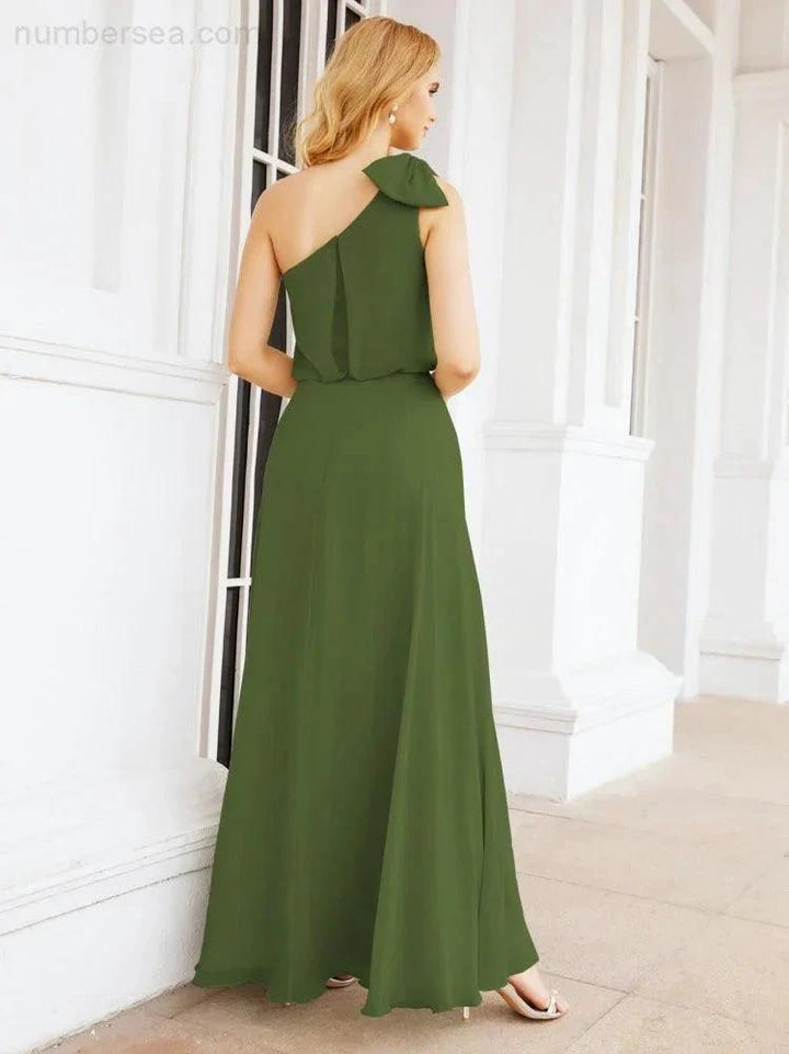 Numbersea Chiffon Ruffled One Shoulder Sleeveless Long Bride Dresses A-line Formal Evening Gown Side Split 28057 by numbersea