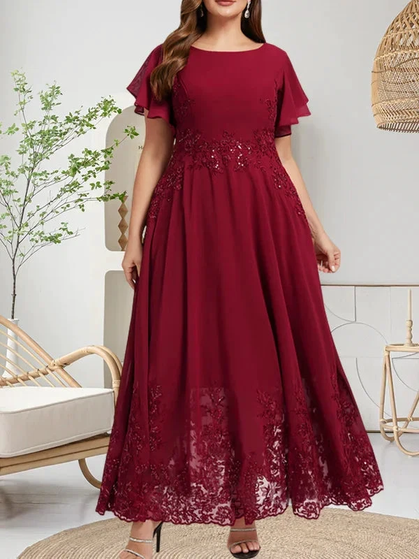 Abito da madre della sposa in chiffon di pizzo con scollo a U, lunghezza alla caviglia, linea a trapezio, con paillettes