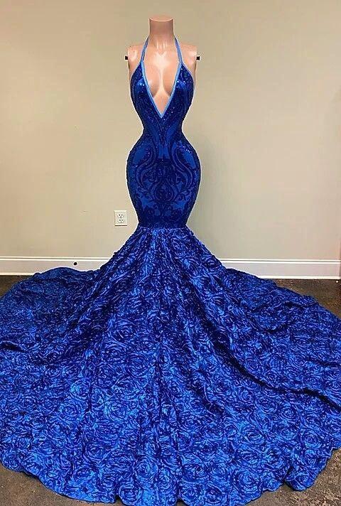 Deep V-neck Halter Mermaid Prom Dress with Sequins and Floral by BIZTUNNEL
