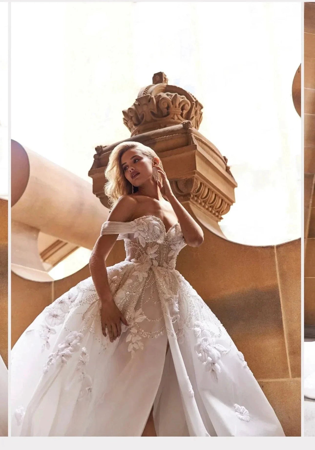 Long Ball Gown Off the Shoulder Sequined Applique Lace Wedding Dresses with Slit by BIZTUNNEL