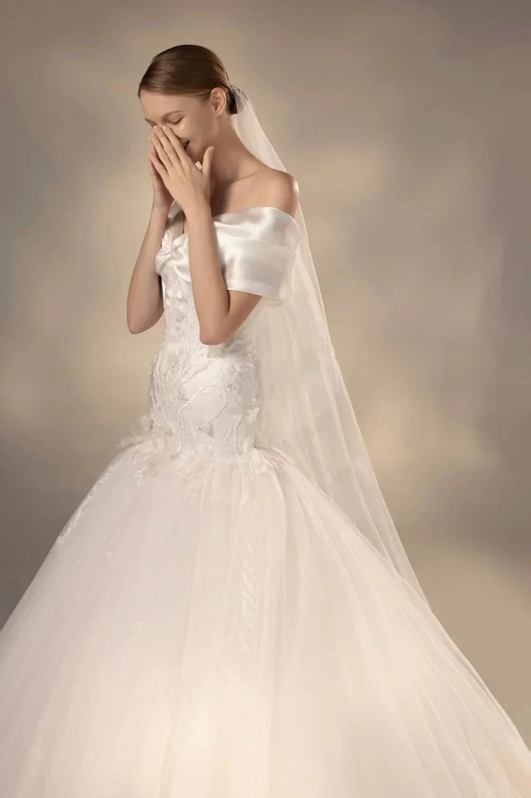 Gorgeous Long Ball Gown Off-the-Shoulder Satin &amp; Tulle Wedding Dress with 3D Embroidery &amp; Cathedral Train Q6013 by ZAPDRESS